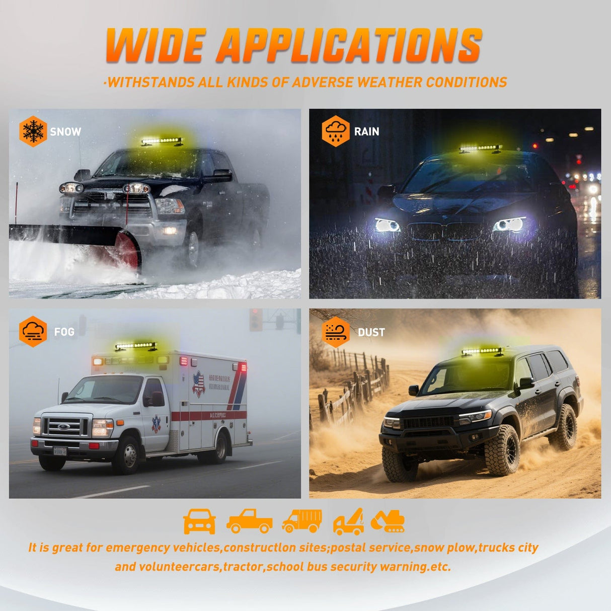 LED Light Bar 14.5 Inch 30LED Strobe Light Bar Double Side Rooftop Emergency Flashing Lights Amber White Safety Warning Hazard Light Bars with Magnetic Base for Construction Vehicles Plow Trucks Pickup