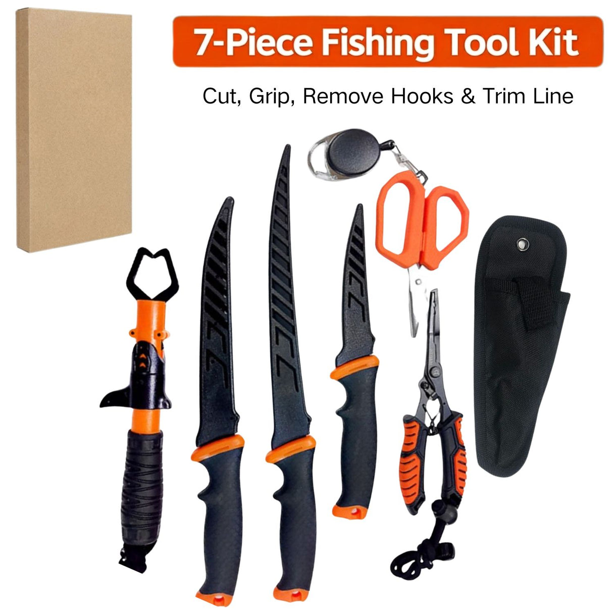 Tool 7PCS fishing accessories Fishing Tools Kit with Fishing Pliers, Fish Lip Gripper, Fillet Knife & Scissors, Portable Fishing Gear Set for bass fishing National Fishing Week Spring Fishing Season Father's Day Fishing Gift