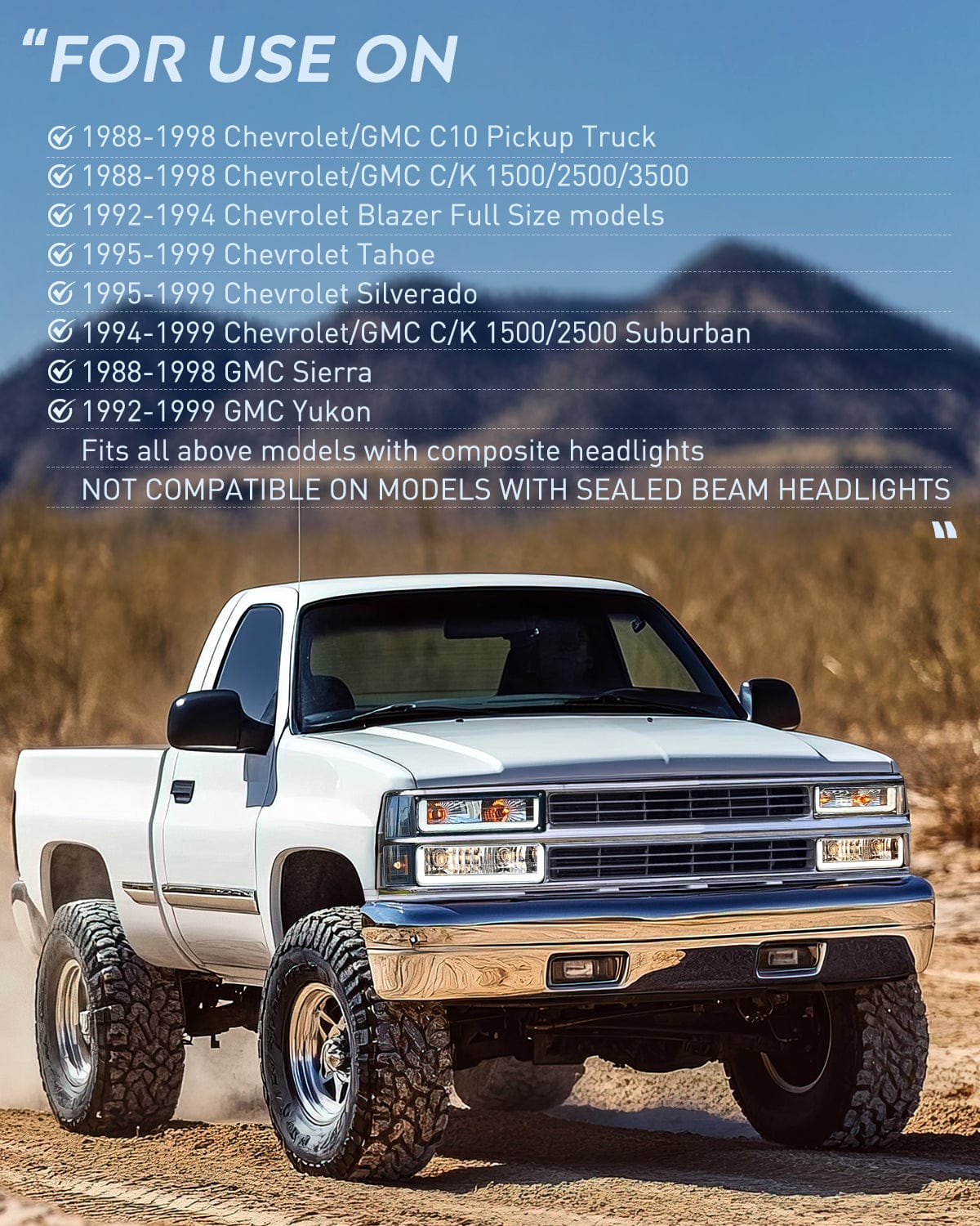 Headlight Assembly 1988 1989 1990 1991 1992 1993 1994 1995 1996 1997 Chevrolet GMC C10 C/K 1988-1999 Silverado Suburban Sierra Blazer Tahoe Yukon DRL Headlight Assembly Chrome Case