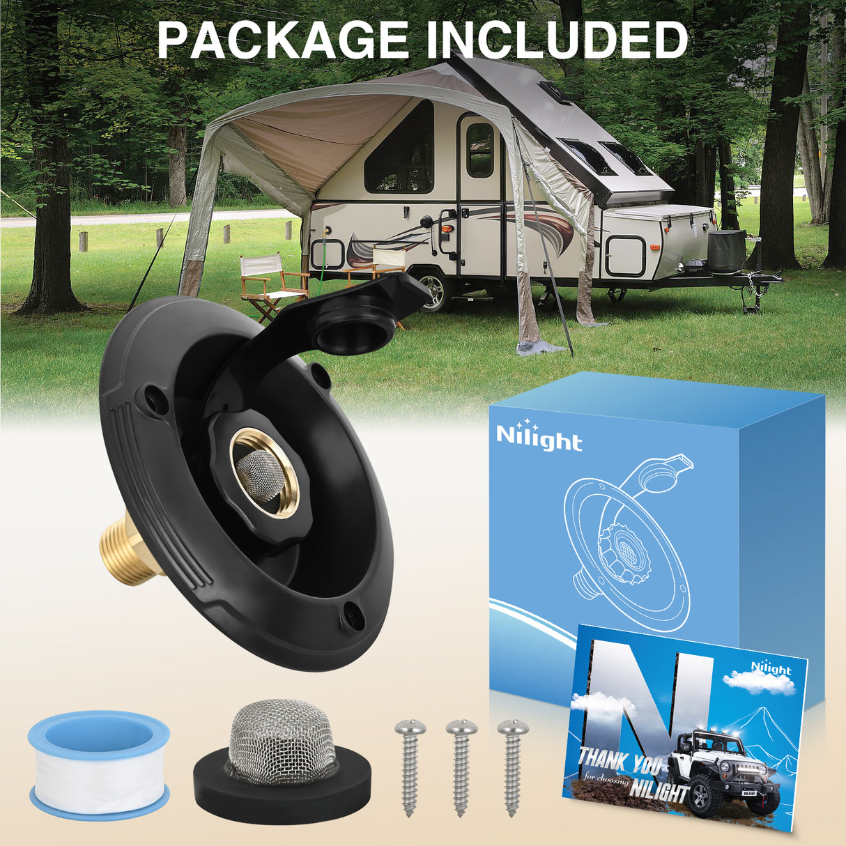 Nilight RV City Water Inlet with Check Valve 1/2Inch NPT Male to 3/4Inch GHT Female Brass City Water Fill Inlet Flange Connection Fittings for RV Camper Trailer Marine Hose Water Inlet Connector Replacement