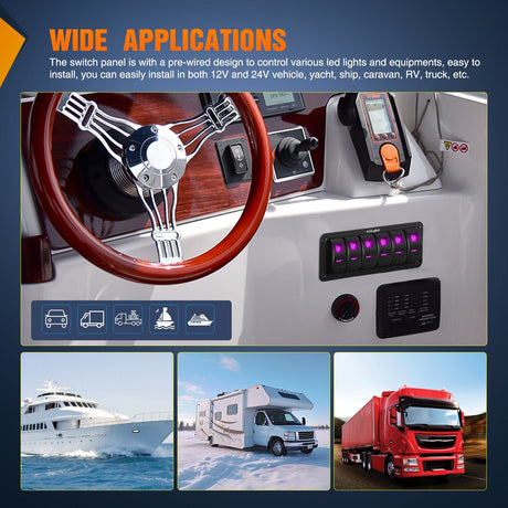 Rocker Switch 6Gang Aluminum 5Pin ON/Off Rocker Switch Panel Purple