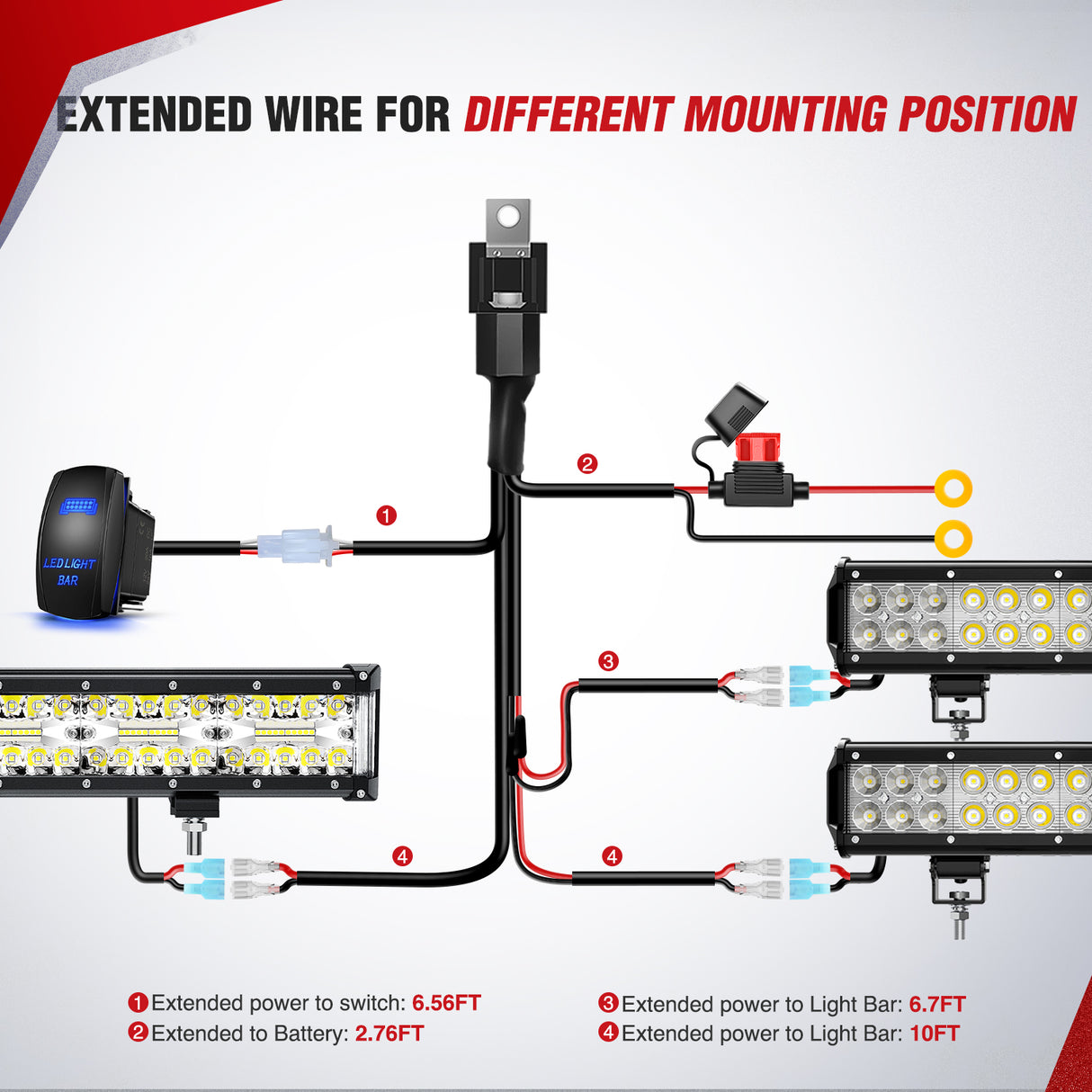 12AWG LED Light Bar Wiring Harness Kit 12V On Off 5Pin Rocker Switch Laser Waterproof Toggle Power Relay Blade Fuse for Cars Boat ATV Trucks - 3 Leads Blue