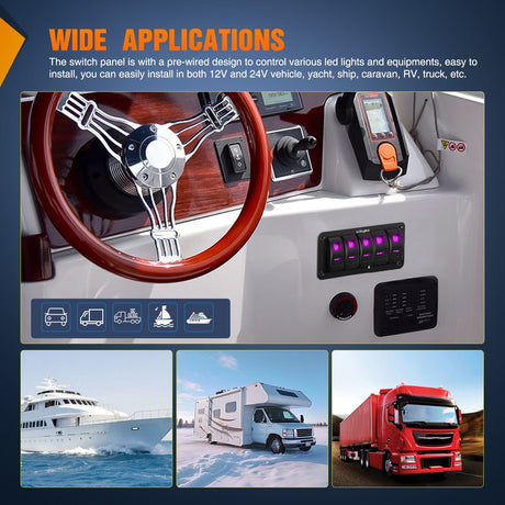 Rocker Switch 5Gang Aluminum 5Pin ON/Off Rocker Switch Panel Purple