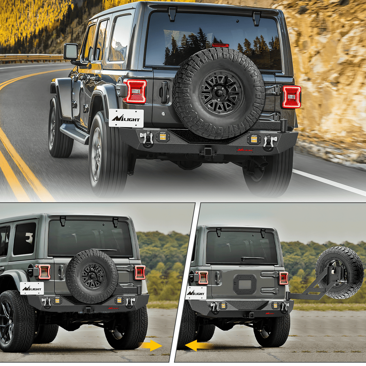 Front Bumper 2018 2019 2020 2021 2022 2023 2024 Jeep Wrangler JL JLU Unlimited (2/4 Doors) Rear Bumper Spare Tire Carrier 2inch Hitch Receiver License Plate Bracket 2 LED Lights D-rings