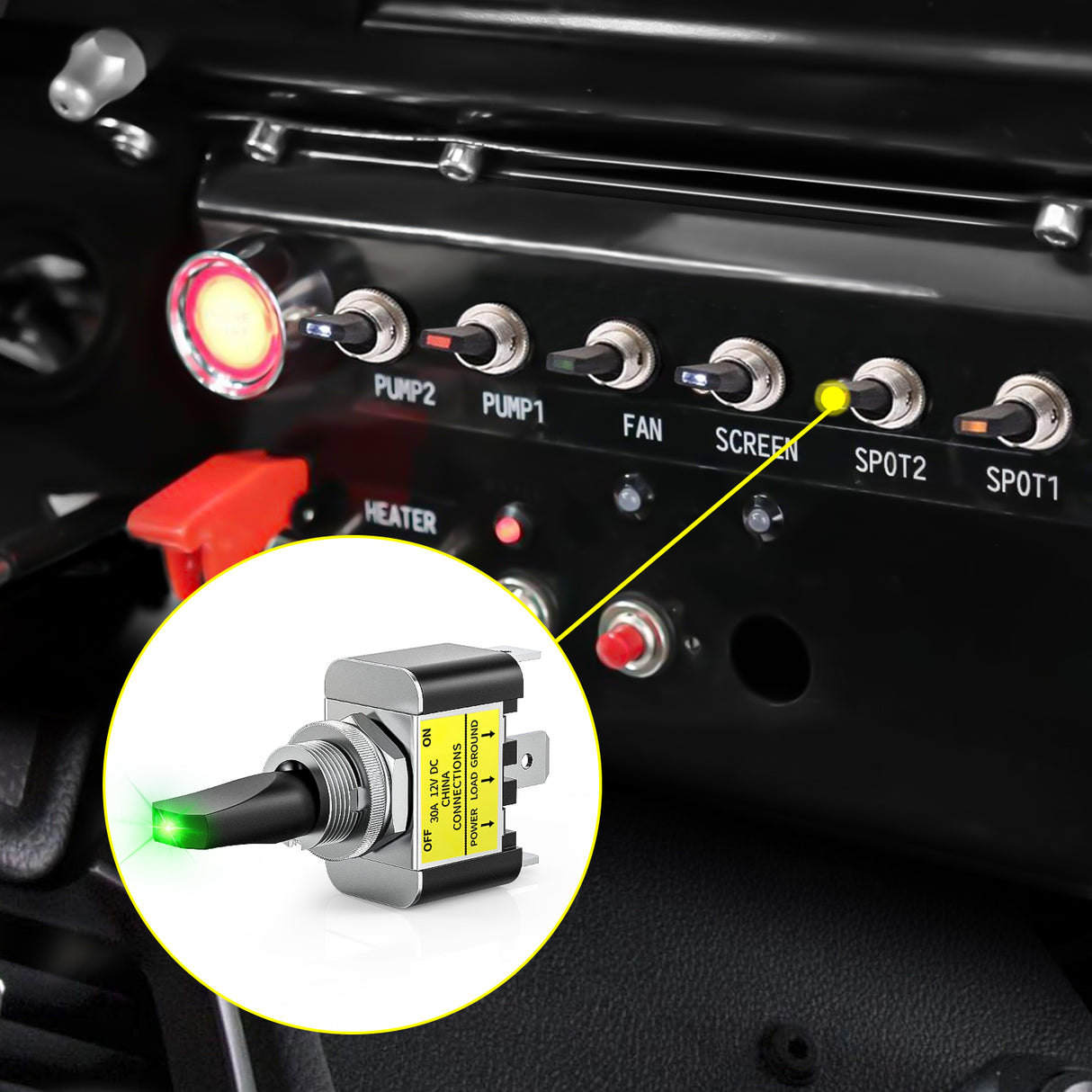 5PCS LED Toggle Switch ON Off 12V 30A Green LED Lighted Metal Heavy Duty SPST 3 Pin Rocker Switches 12mm Mounting Hole for Automotive Cars Trucks Boats Racing Cars