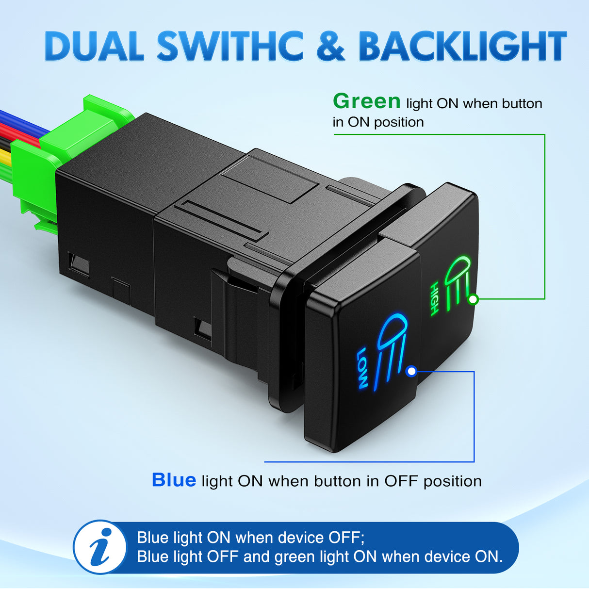 High Beam & Low Beam Dual Push Button Switch 12V ON Off Switches with Connector Wire Kit 1.28Inch x 0.87Inch Replacement for Toyota Sequoia Highlander Tacoma Tundra 4Runner RAVR Yaris