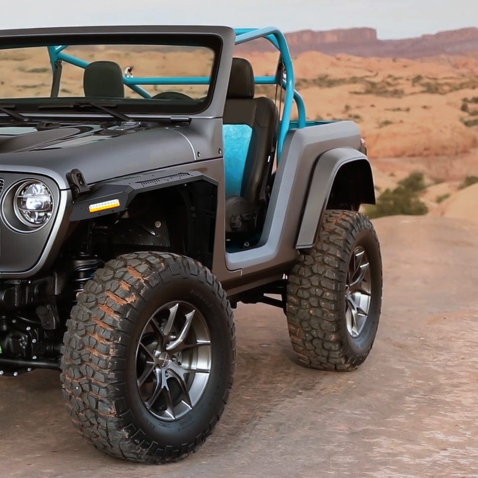 Fender 2018 2019 2020 2021 2022 2023 2024 2025 Jeep Wrangler JL&JL Unlimited 2/4Doors Wide Flat Front & Rear Fender Flares w/LED Lights Turn Signal Lights DRL (No fit 2020+ Gladiator JT)