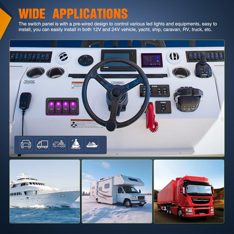 Rocker Switch 4Gang Aluminum 5Pin ON/Off Rocker Switch Panel Purple