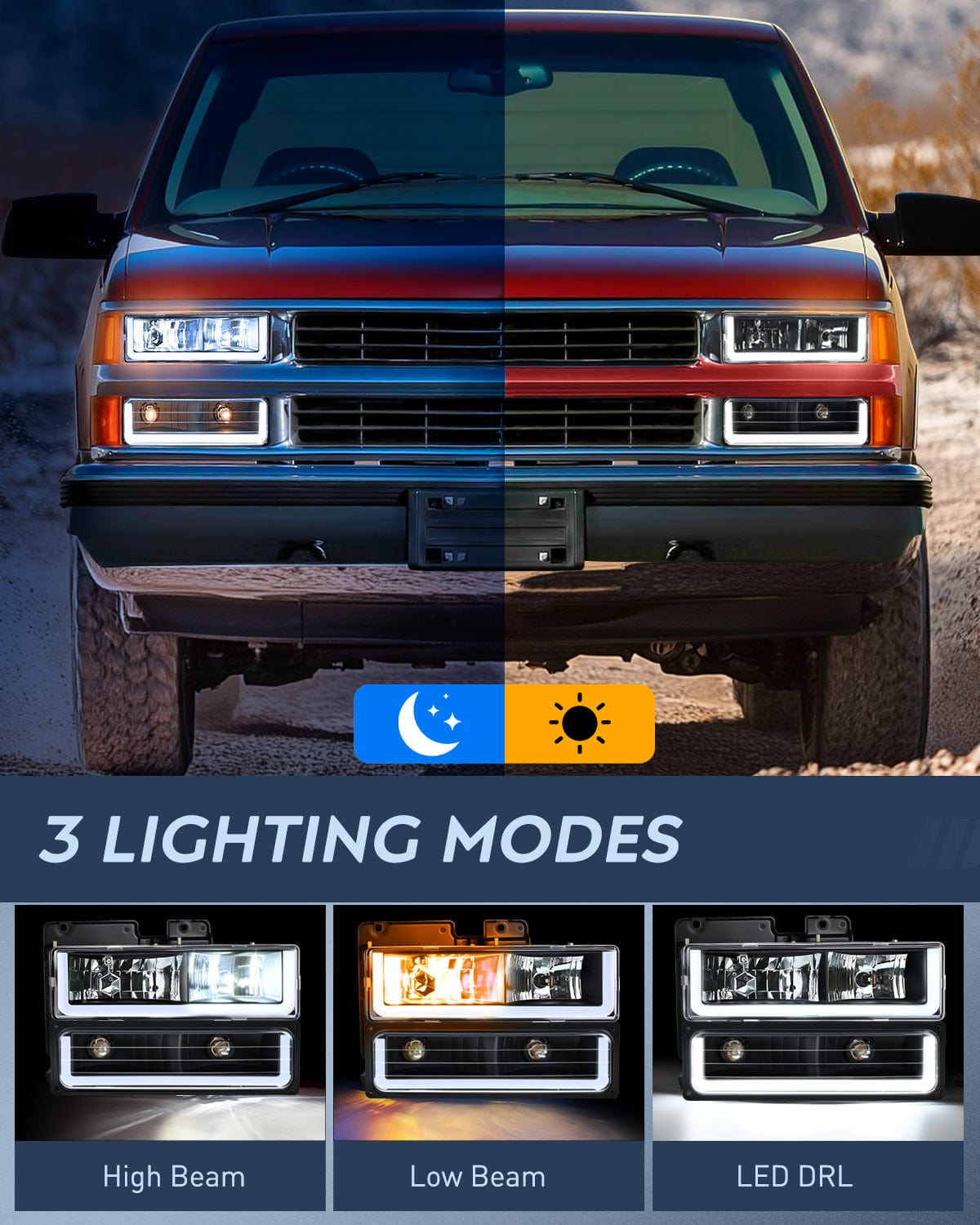 Headlight Assembly 1988 1989 1990 1991 1992 1993 1994 1995 1996 1997 Chevrolet GMC C10 C/K 1988-1999 Silverado Suburban Sierra Blazer Tahoe Yukon DRL Headlight Assembly Black Housing