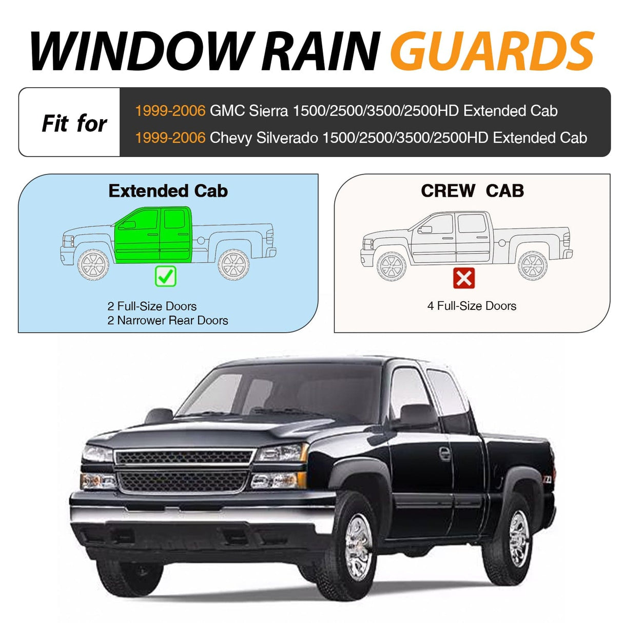 Rain Guards Window Visors for Chevy Silverado/GMC Sierra 1500/2500/3500/2500HD Extended Cab 1999-2006, Out-Channel Window Wind Deflectors Rain Guards -4PCS
