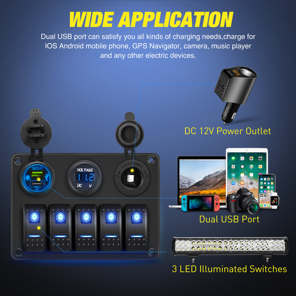Rocker Switch 5 Gang Rocker Switch Panel Pre-Wired Aluminum with PD Type C and USB Cigarette Lighter Socket Voltmeter 12V 24V ON Off Toggle Switches for Car Trucks Boats RVs
