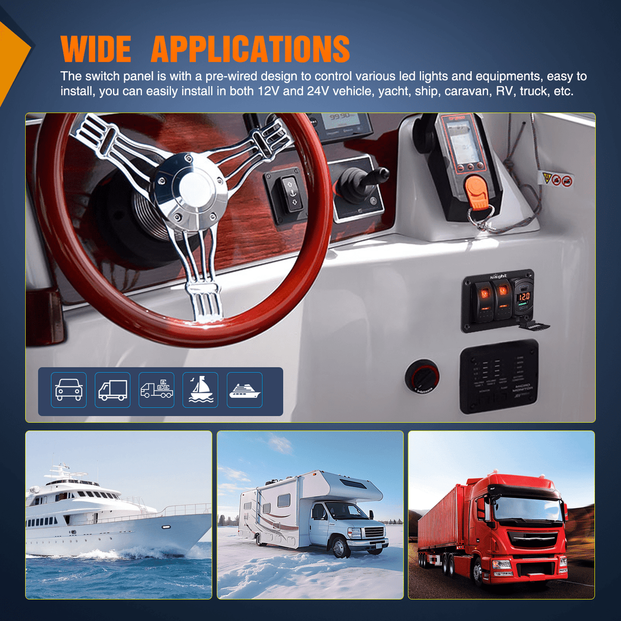 Rocker Switch 2 Gang Switch Panel With QC3.0 & PD Charger And Voltmerter with Orange Backlit