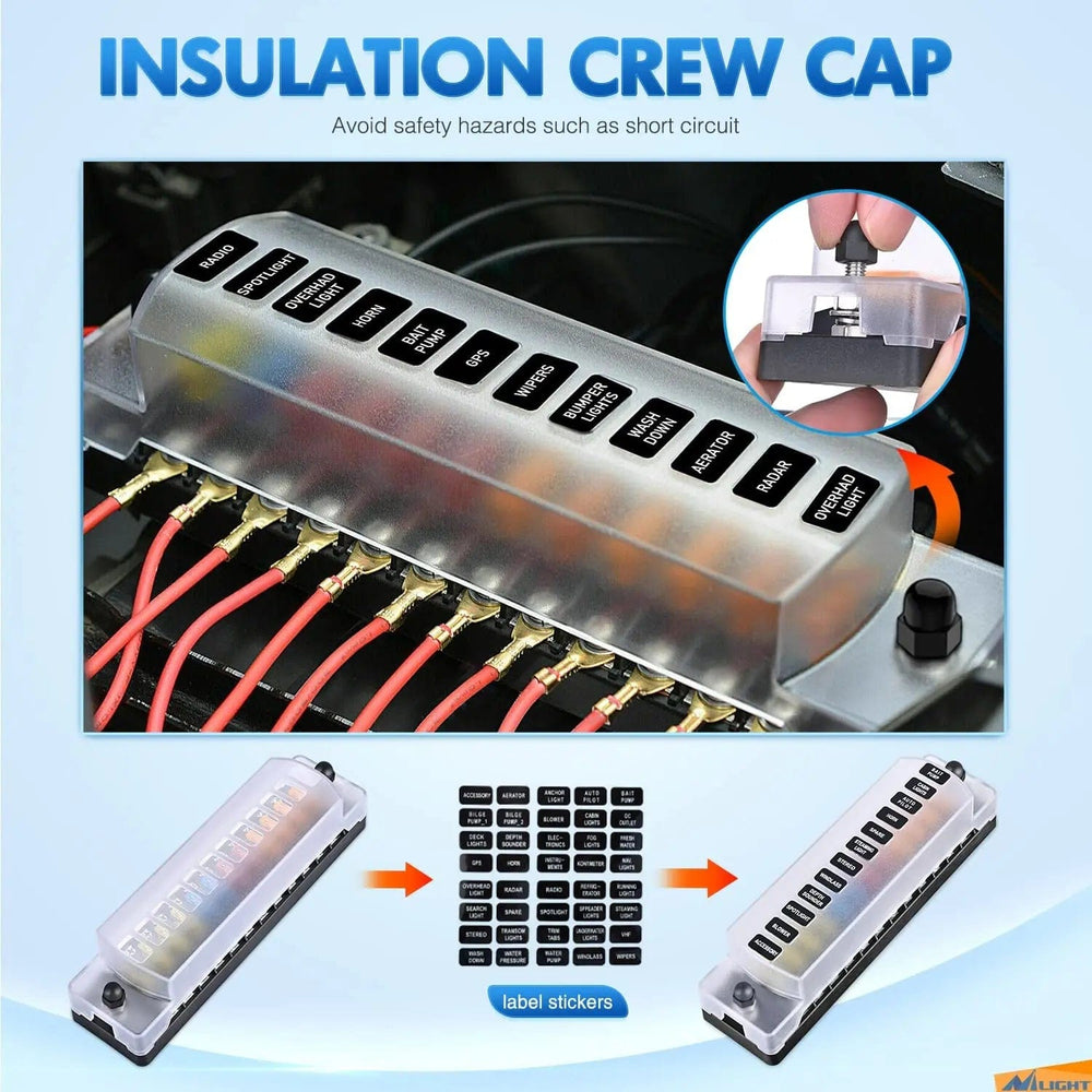 fuse 12 Way Fuse Block with Negative Bus 12V Blade Fuse Holder ATC/ATO Standard Fuse Box Label Stickers Waterproof Cover Fuse Panel