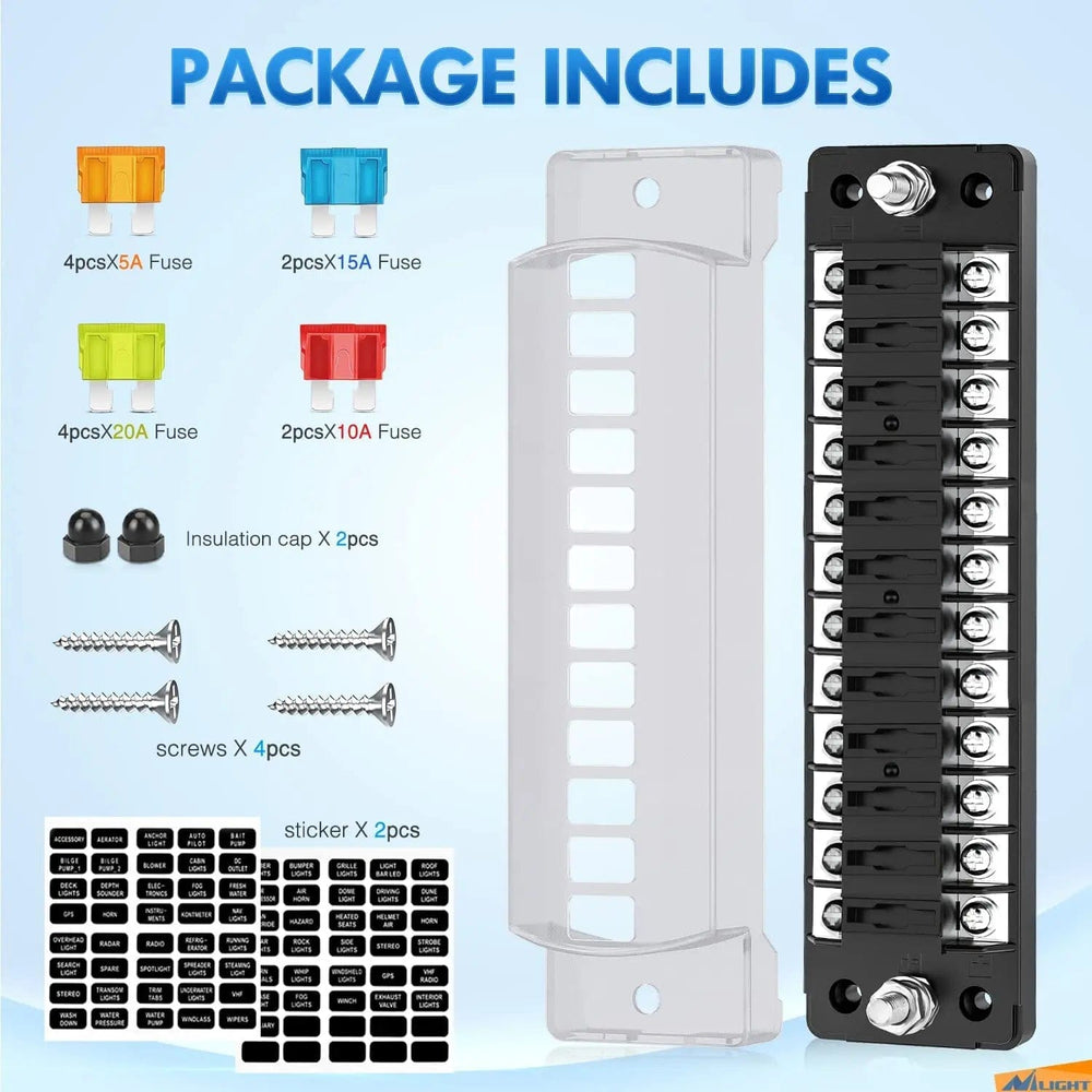fuse 12 Way Fuse Block with Negative Bus 12V Blade Fuse Holder ATC/ATO Standard Fuse Box Label Stickers Waterproof Cover Fuse Panel