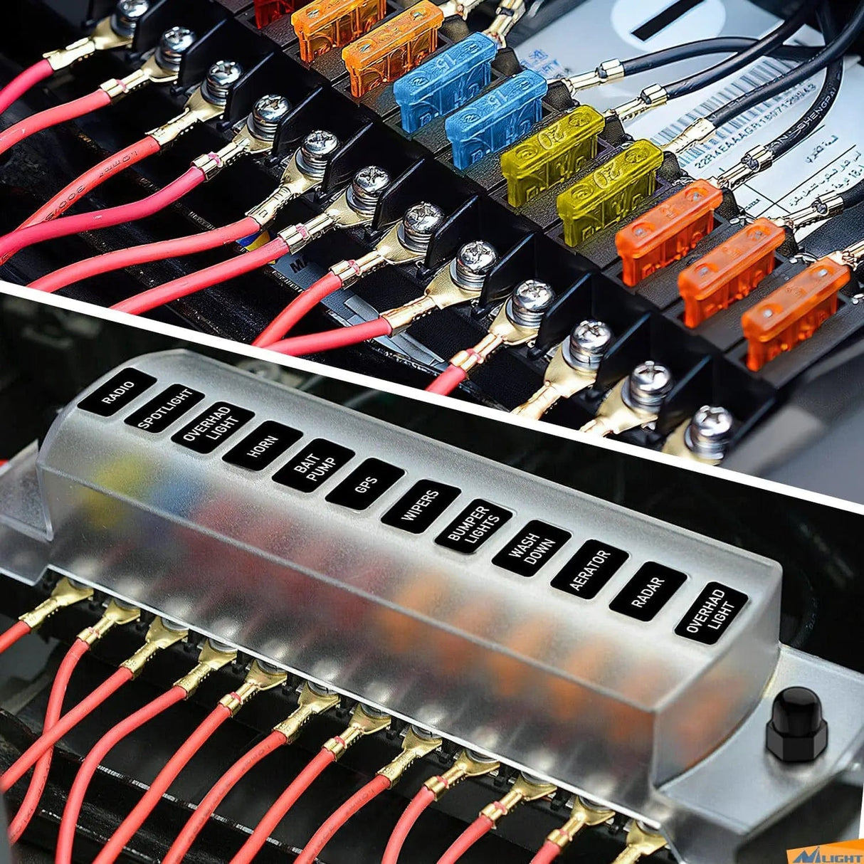 fuse 12 Way Fuse Block with Negative Bus 12V Blade Fuse Holder ATC/ATO Standard Fuse Box Label Stickers Waterproof Cover Fuse Panel