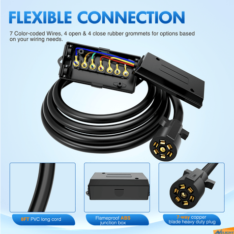 Wiring Harness Kit 8FT 7-Way Plug Inline Trailer Cord With 7-Gang Junction Box