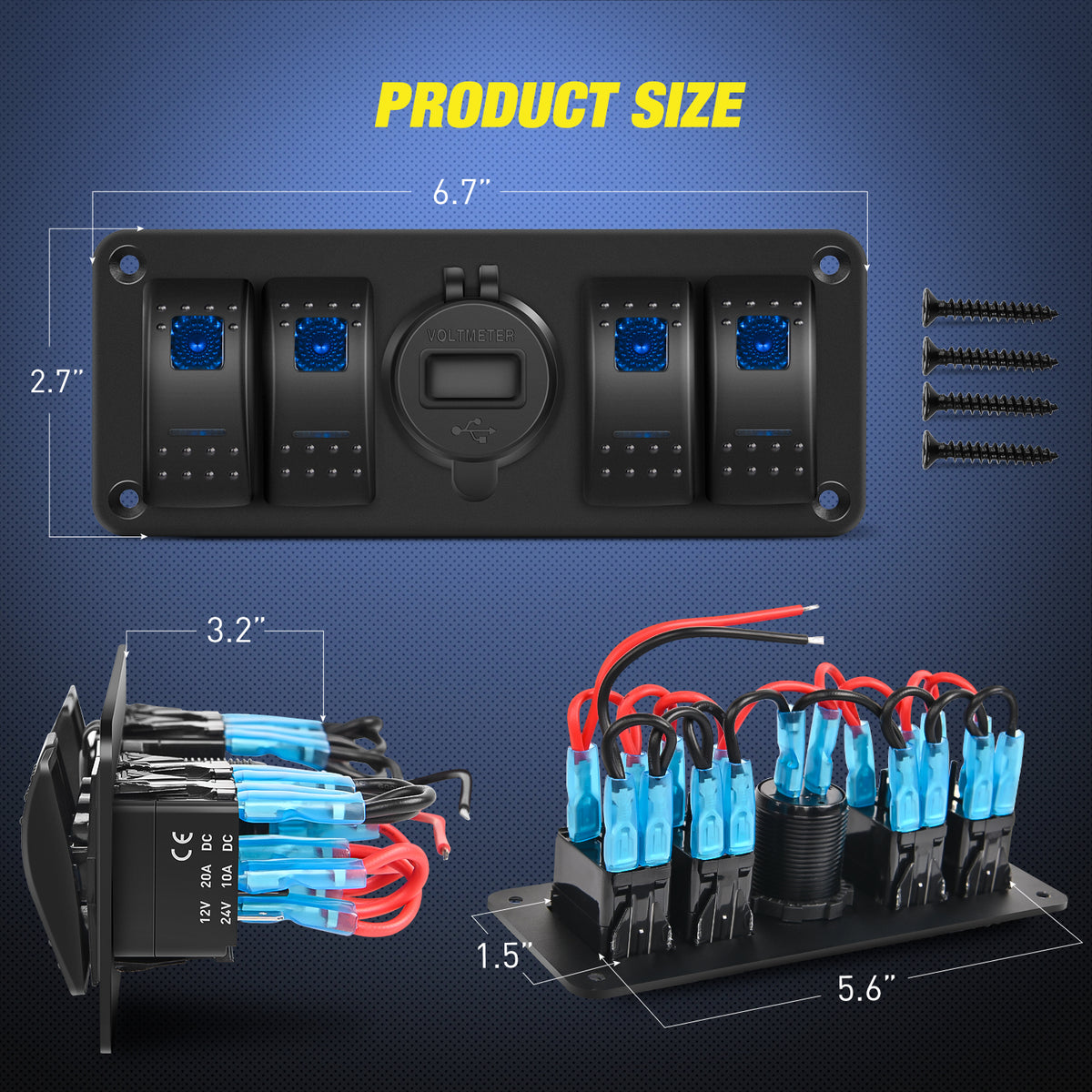 4Gang Aluminum 5Pin ON/Off Blue Rocker Switch Panel w/ QC 3.0 Dual USB Charger Voltmeter