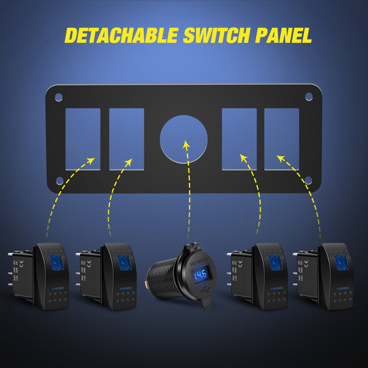 4Gang Aluminum 5Pin ON/Off Blue Rocker Switch Panel w/ QC 3.0 Dual USB Charger Voltmeter