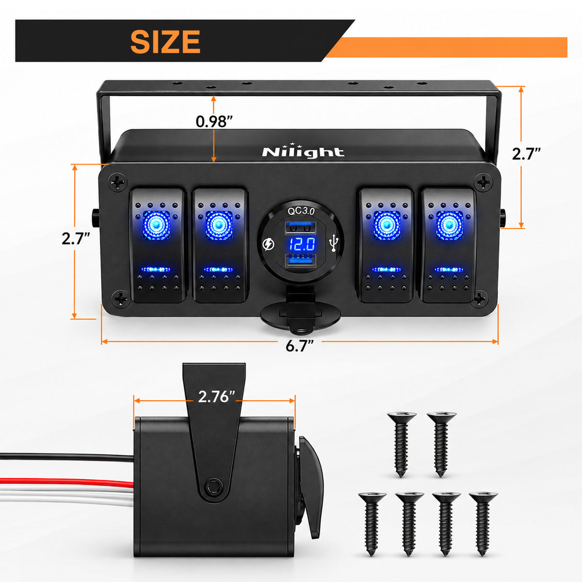 4Gang Aluminum ON/Off Blue Rocker Switch Box w/ QC 3.0 Dual USB Charger Voltmeter