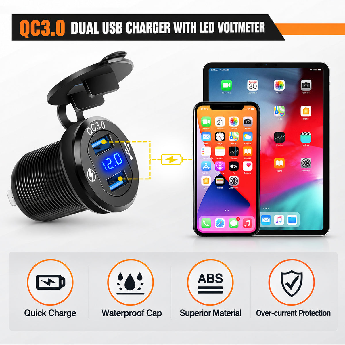 4Gang Aluminum ON/Off Blue Rocker Switch Box w/ QC 3.0 Dual USB Charger Voltmeter