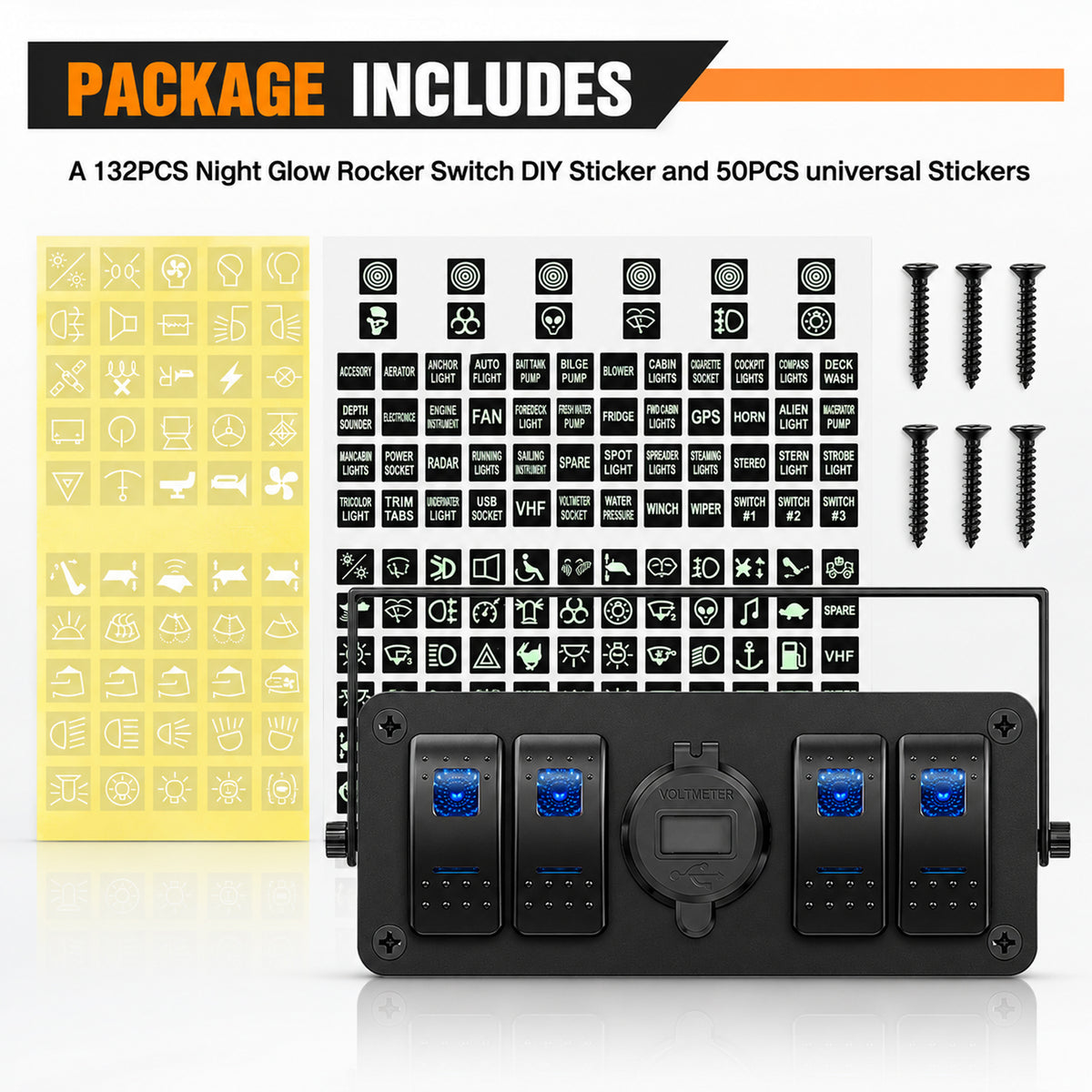 4Gang Aluminum ON/Off Blue Rocker Switch Box w/ QC 3.0 Dual USB Charger Voltmeter