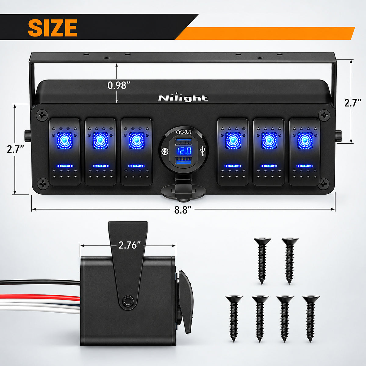 6Gang Aluminum ON/Off Rocker Switch Box w/ QC 3.0 Dual USB Charger Voltmeter