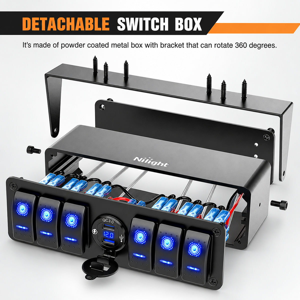 6Gang Aluminum ON/Off Rocker Switch Box w/ QC 3.0 Dual USB Charger Voltmeter