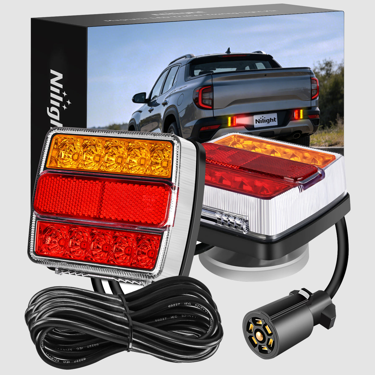 Tail Brake Turn Reverse Lights Magnetic LED Trailer Towing Light Kit w/ 7 Pin Plug Tail Stop Amber
