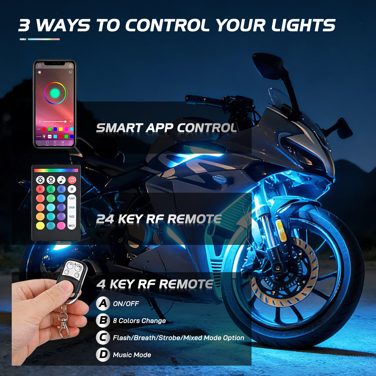 Led Light Strip Motorcycle RGB APP Remote Control LED Strip Lights 12PCS