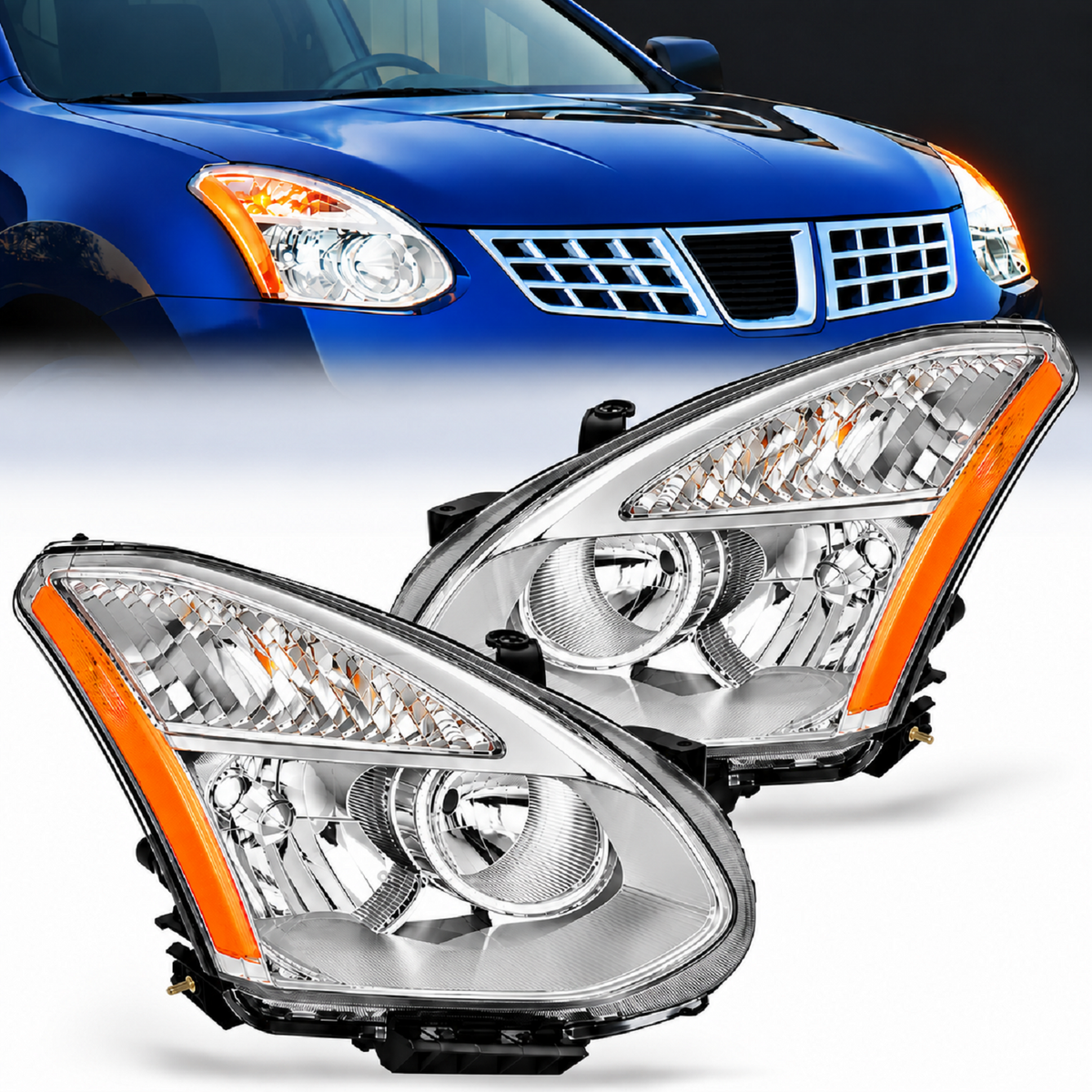2008 2009 2010 2012 2013 Nissan Rogue 2014 2015 Nissan Rogue Select Headlight Assembly Chrome Housing Amber Reflector Upgraded Clear Lens