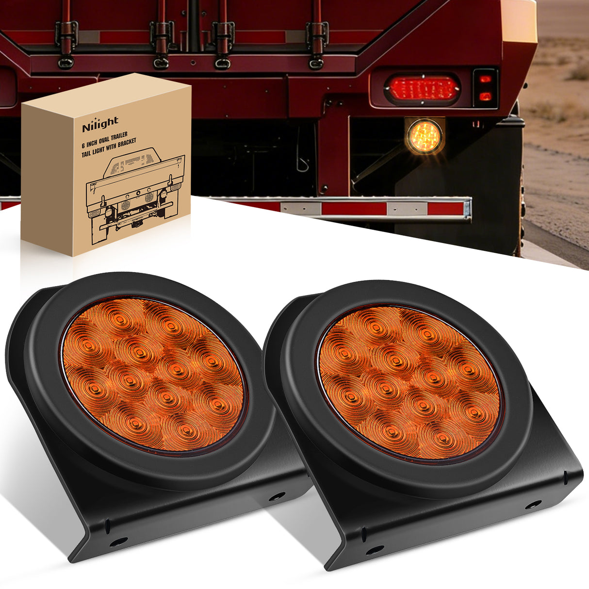 Tail Brake Turn Reverse Lights 4 Inch Round Amber Tail Lights w/ Mount Bracket (Pair)