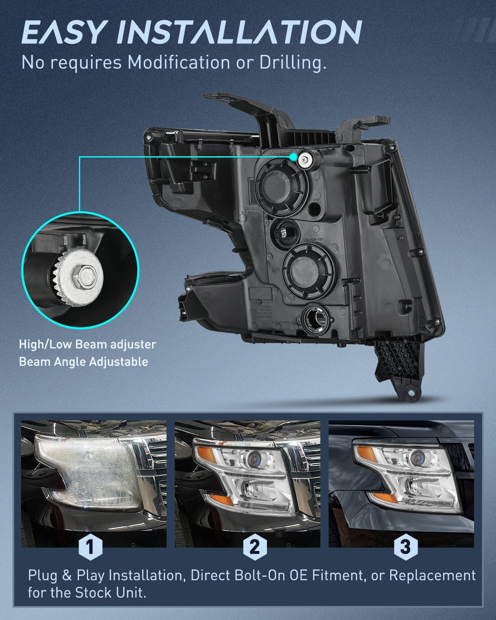 Headlight Assembly 2015 2016 2017 2018 2019 2020 Chevy Tahoe Suburban Headlight Assembly Chrome Housing Amber Reflector Clear Lens
