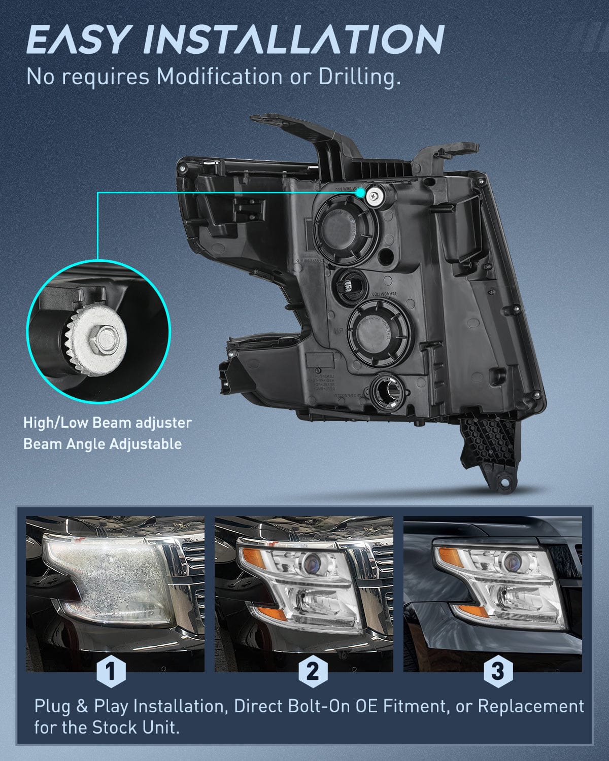 Headlight Assembly 2015 2016 2017 2018 2019 2020 Chevy Tahoe Suburban Headlight Assembly Chrome Housing Amber Reflector Clear Lens