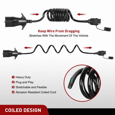 Wiring Harness Kit 5ft 7 Way to 4 Way Coiled Trailer Extension Wiring Harness