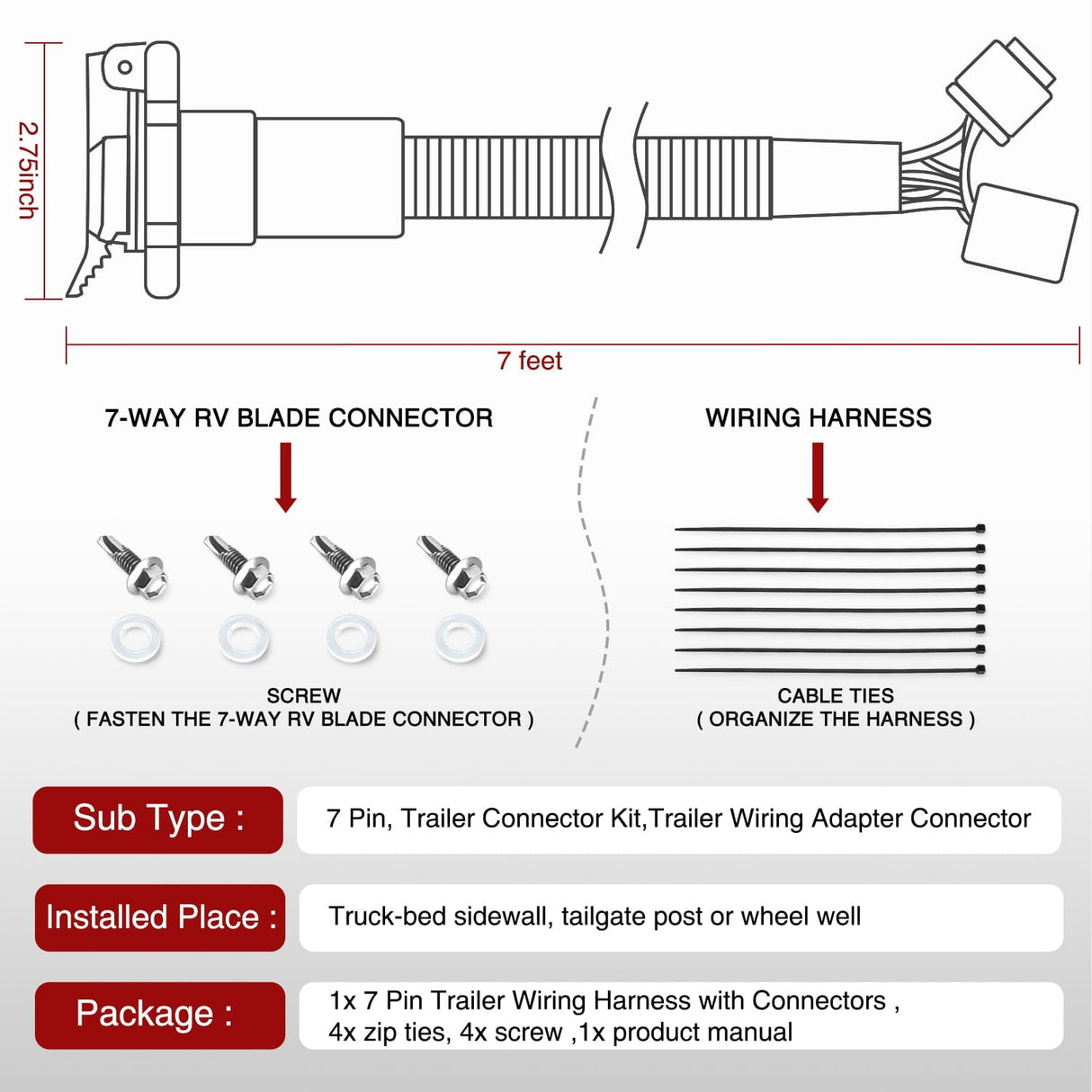 Accessories USCAR 7 Pin Trailer Wiring Harness 7ft for Chevy Ford GMC Dodge Nissan Toyota 5th Wheel Gooseneck Trailer