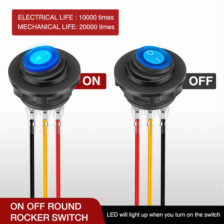 Nilight 5PCS Waterproof Round Rocker Switch w/Wiring Harness Switches Holder 12V 24V Blue LED Lighted On Off Toggle Shell SPST 3Pin for Switch Panel Car RV Trucks Marine Boats