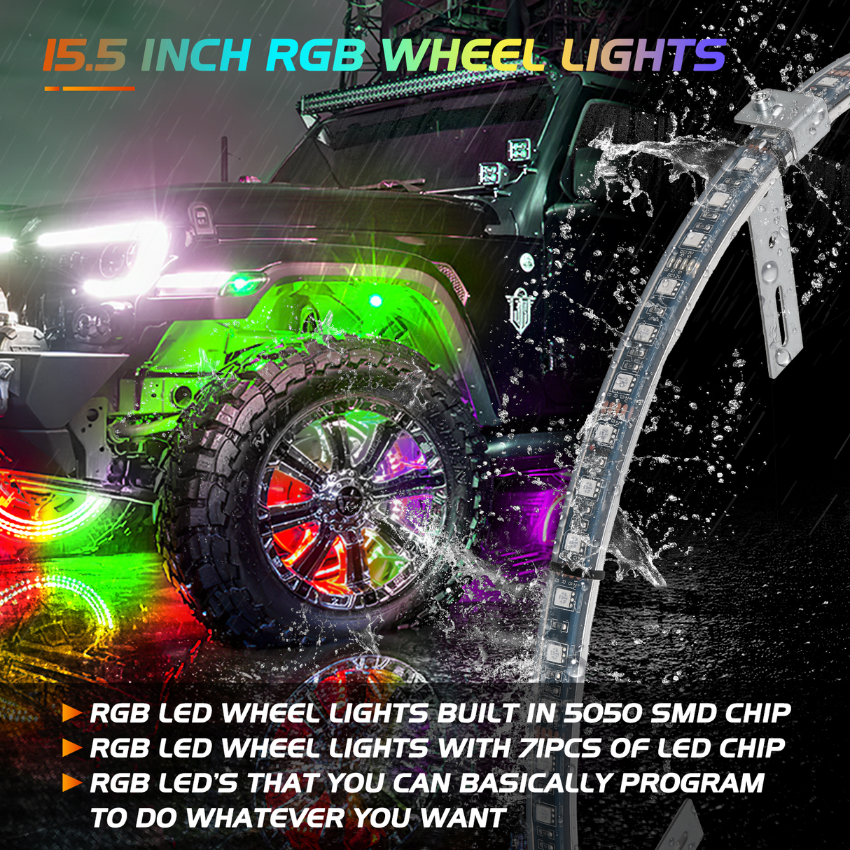Wheel Ring Light 15.5 Inch LED Wheel Ring Lights Single Row RGB APP Remote Control 4Pcs