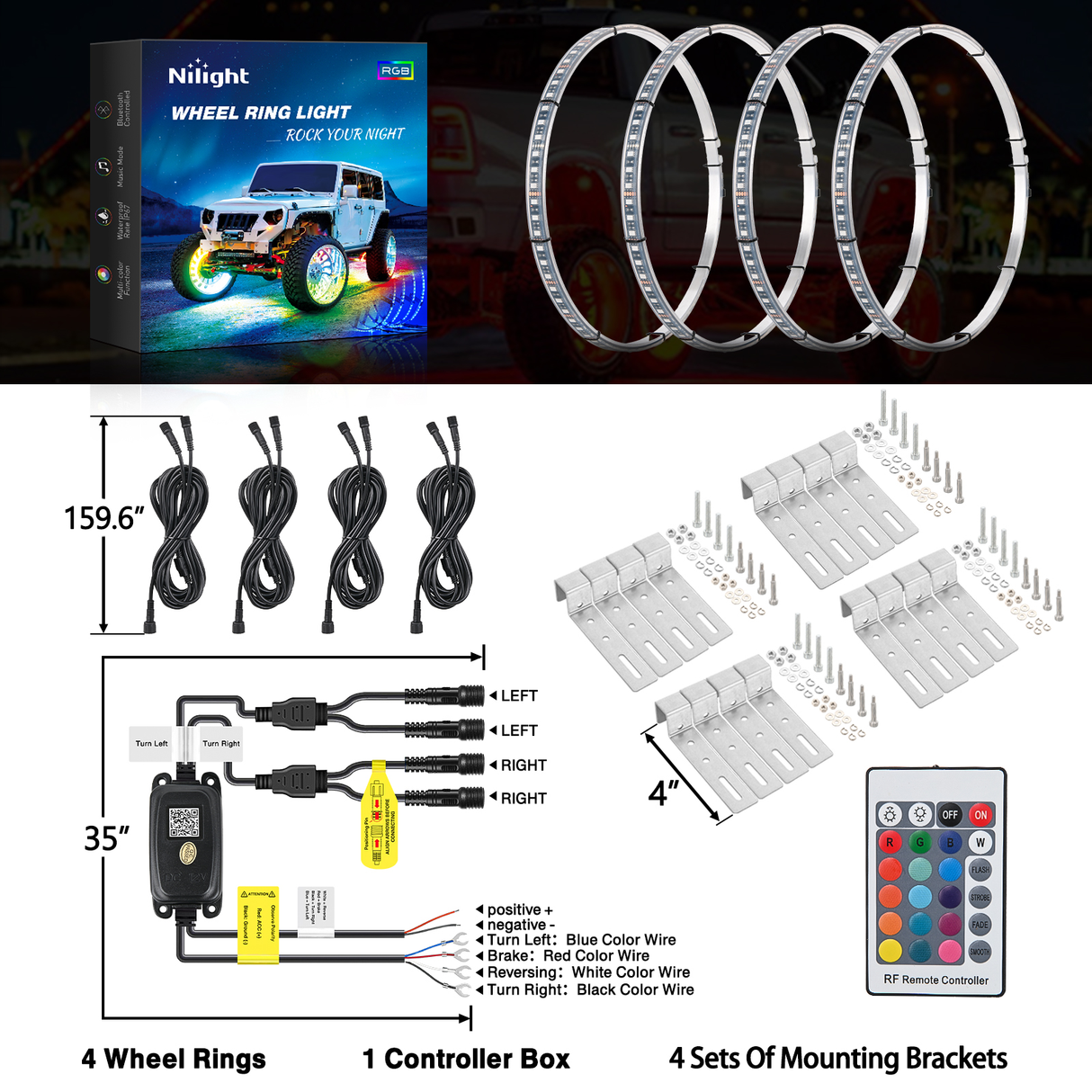 15.5 Inch LED Wheel Ring Lights Single Row RGB APP Remote Control 4Pcs