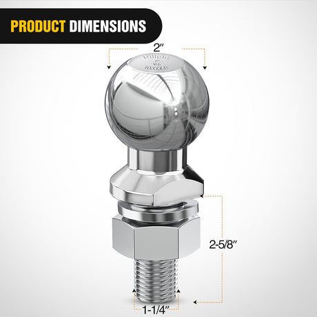 Trailer Hitch 2Inch Diameter Chrome Trailer Hitch Ball 1-1/4inch x 2-5/8Inch Shank Universal Fit Gray
