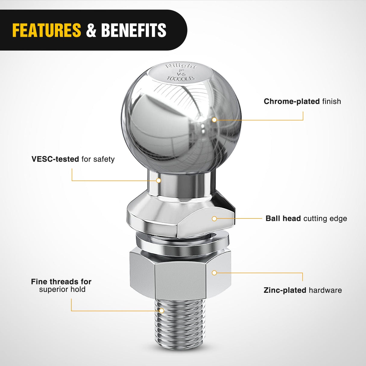 Trailer Hitch 2Inch Diameter Chrome Trailer Hitch Ball 1-1/4inch x 2-5/8Inch Shank Universal Fit Gray