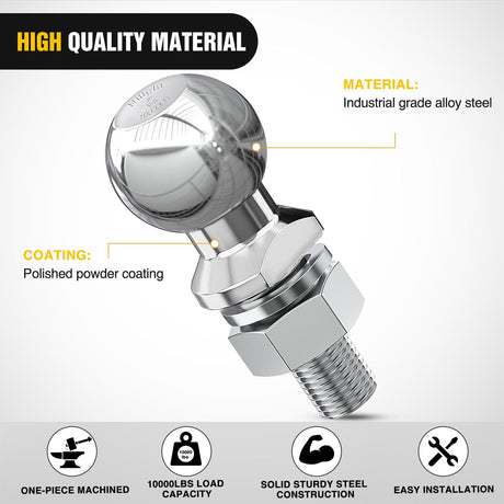 Trailer Hitch 2Inch Diameter Chrome Trailer Hitch Ball 1-1/4inch x 2-5/8Inch Shank Universal Fit Gray