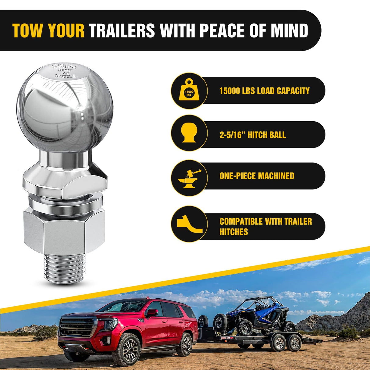 Trailer Hitch 2-5/16Inch Chrome Trailer Hitch Ball 1-1/4inch x 2-5/8inch Shank Universal Fit Gray