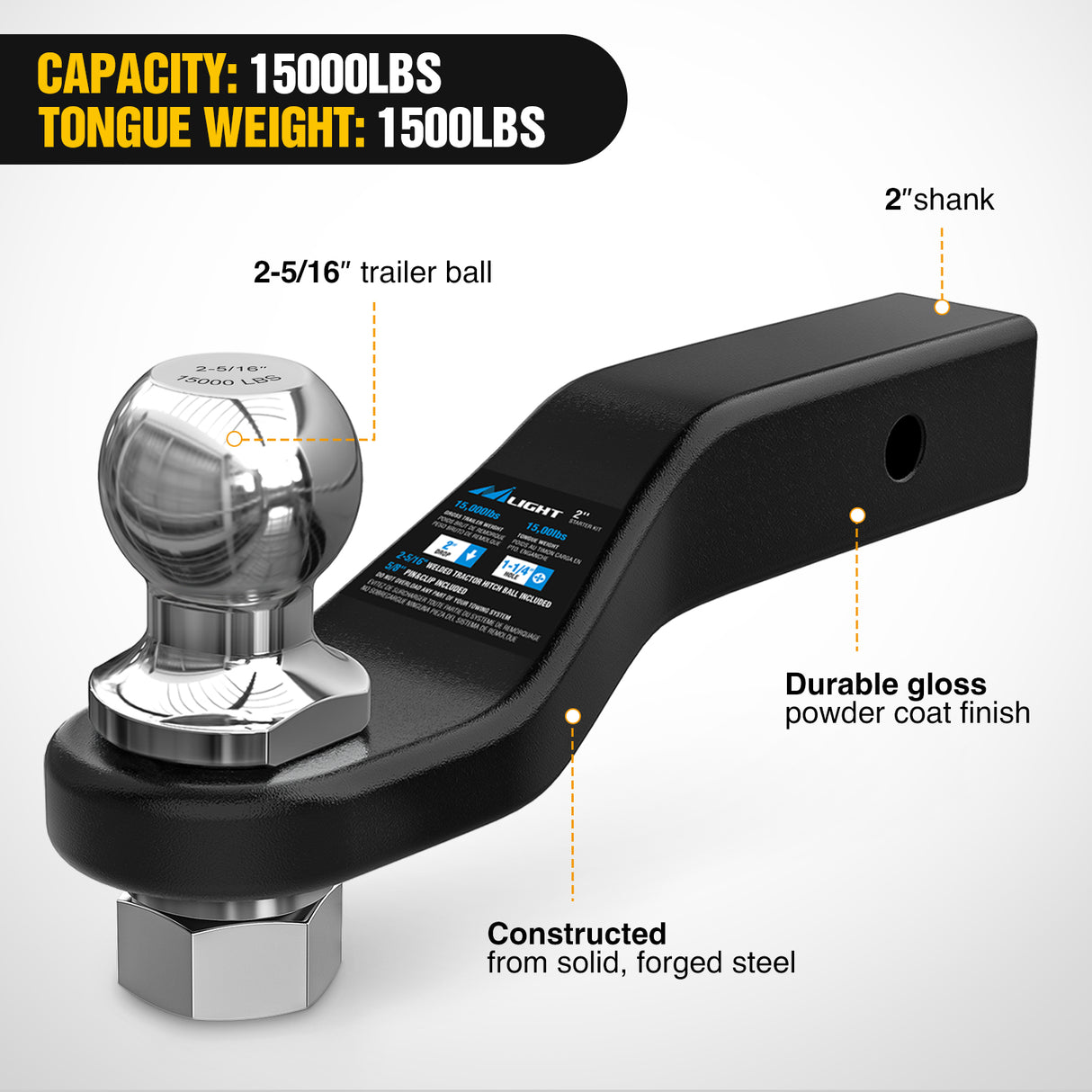 Forged Trailer Hitch Mount with 2-5/16-Inch Ball Fits 2 Inch Receiver Square 5/8Inch Hitch Pin Clip 15000 lbs 2Inch Drop, 1-1/4Inch Hole, Gloss Black Powder Coat, 2 Years Warranty