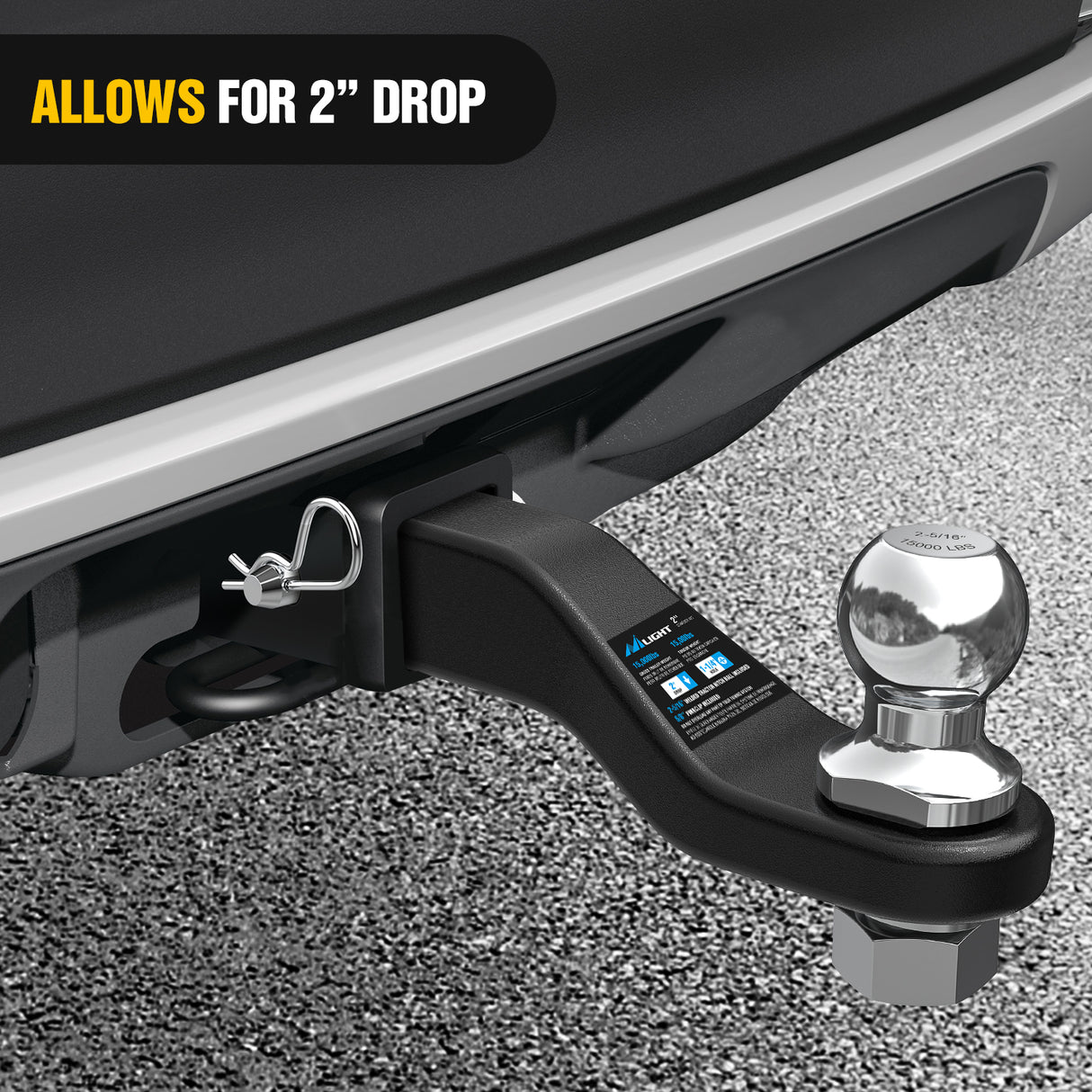 Forged Trailer Hitch Mount with 2-5/16-Inch Ball Fits 2 Inch Receiver Square 5/8Inch Hitch Pin Clip 15000 lbs 2Inch Drop, 1-1/4Inch Hole, Gloss Black Powder Coat, 2 Years Warranty