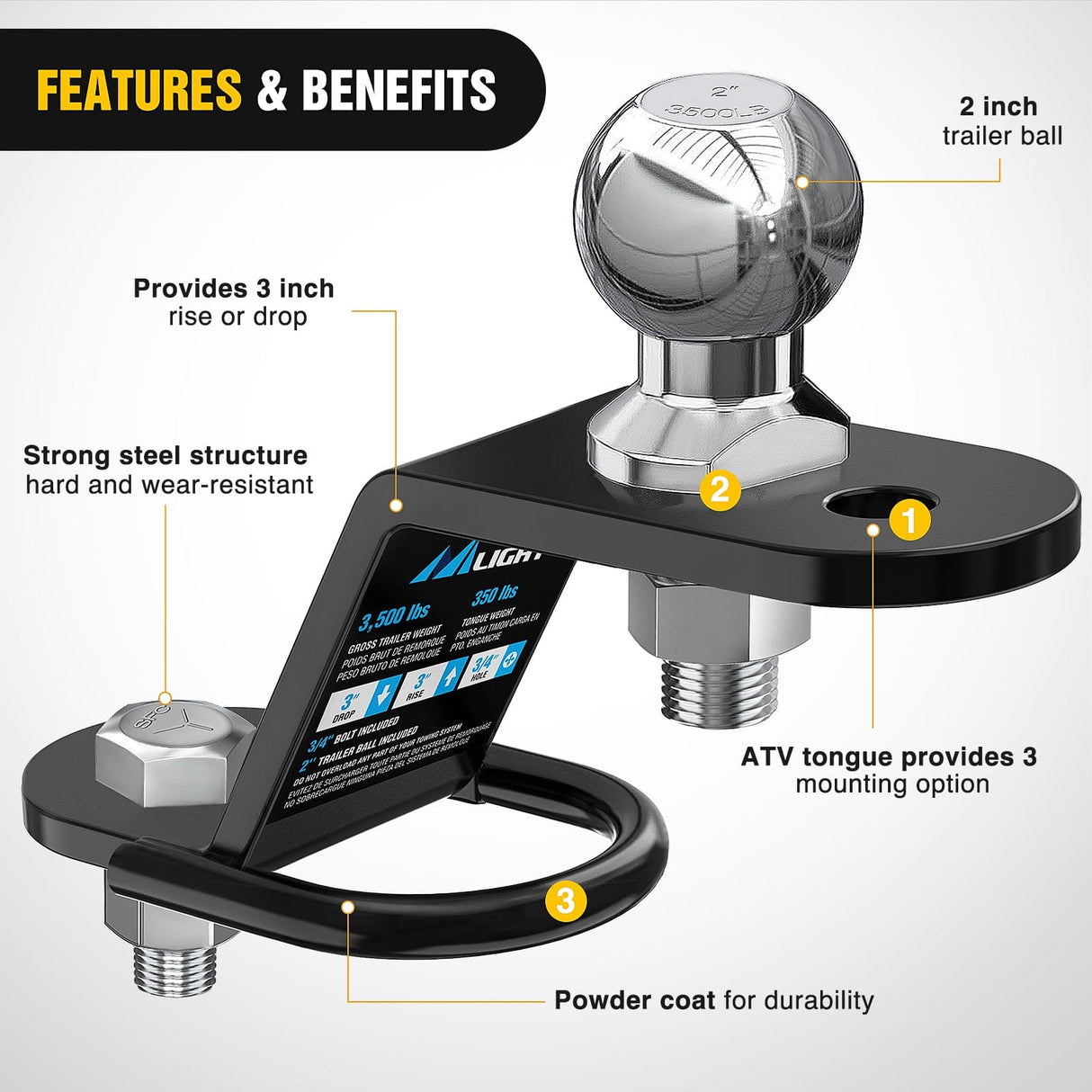 Trailer Hitch ATV/UTV Three-Way Hitch with 2 Inch Ball 3500lbs 3 Trailer Hitch Ball Mount Lawn Mover Hitch ATV UTV Trailer Hitch Adapter 3Inch Drop/Rise 3 Mounting Options