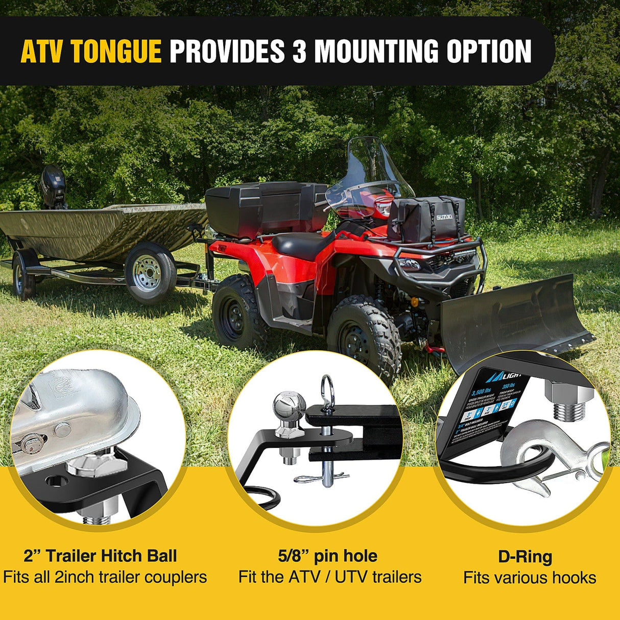 Trailer Hitch ATV/UTV Three-Way Hitch with 2 Inch Ball 3500lbs 3 Trailer Hitch Ball Mount Lawn Mover Hitch ATV UTV Trailer Hitch Adapter 3Inch Drop/Rise 3 Mounting Options