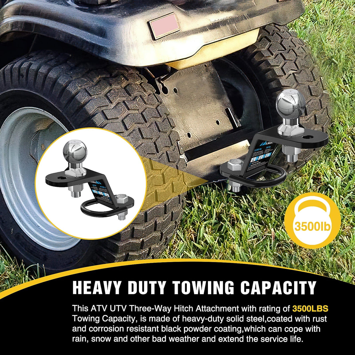 Trailer Hitch ATV/UTV Three-Way Hitch with 2 Inch Ball 3500lbs 3 Trailer Hitch Ball Mount Lawn Mover Hitch ATV UTV Trailer Hitch Adapter 3Inch Drop/Rise 3 Mounting Options