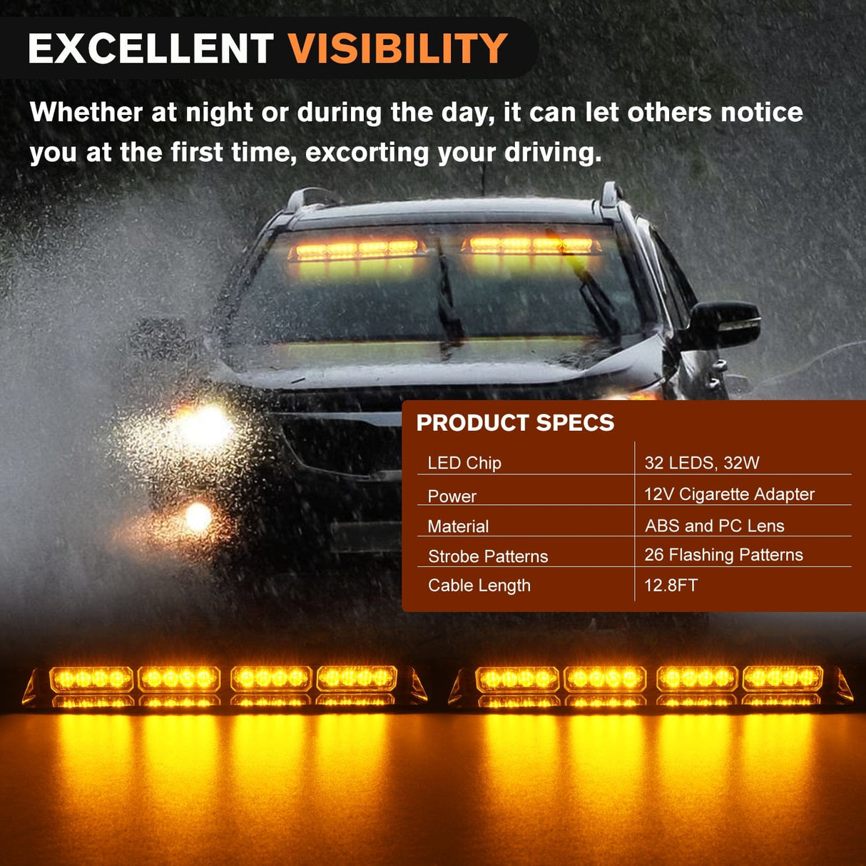 led strobe light 32LED Amber Emergency Dash Strobe Lights with Controller Suction Cups