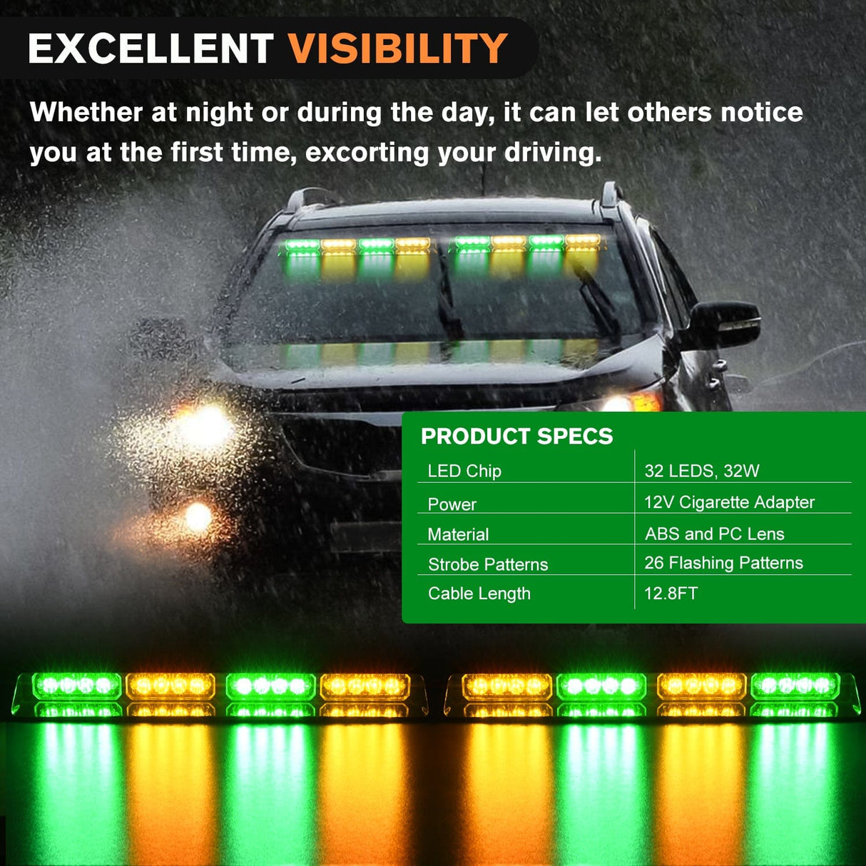 led strobe light 32LED Amber Green Emergency Dash Strobe Lights with Controller Suction Cups