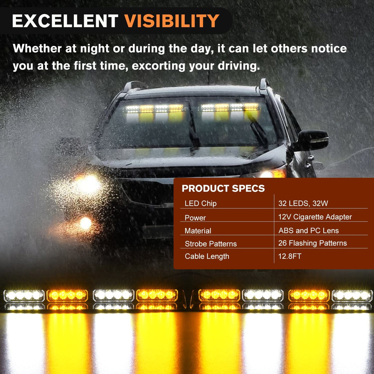 led strobe light 32LED Amber White Emergency Dash Strobe Lights with Controller Suction Cups